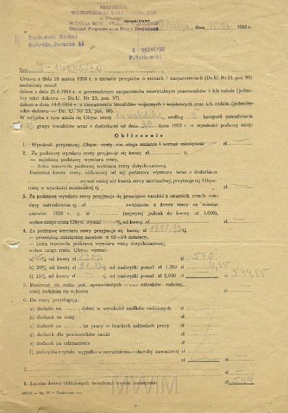 KKE 5578.jpg - Dok. Pismo z Prezydium Wojewódzkiej Rady Narodowej w Olsztynie do Michała Katkowskiego dotyczące przyznania renty inwalidzkiej, Olsztyn, 15 VII 1958 r.